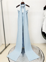 Robe de soirée élégante pour femme, bleu clair, bustier, coupe sirène, avec traîne détachable ornée de cristaux et col ras-du-cou