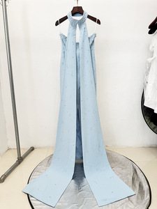 <span class=keywords><strong>Robe</strong></span> de soirée élégante pour femme, bleu clair, bustier, coupe sirène, avec traîne détachable ornée de cristaux et col ras-du-cou - Product Image 4