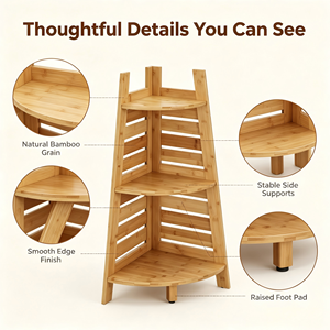 Scaffale angolare a 3 livelli in bambù naturale <span class=keywords><strong>salvaspazio</strong></span> per il <span class=keywords><strong>bagno</strong></span>, con design a doghe ventilate per articoli da toeletta e decorazioni. - Product Image 5