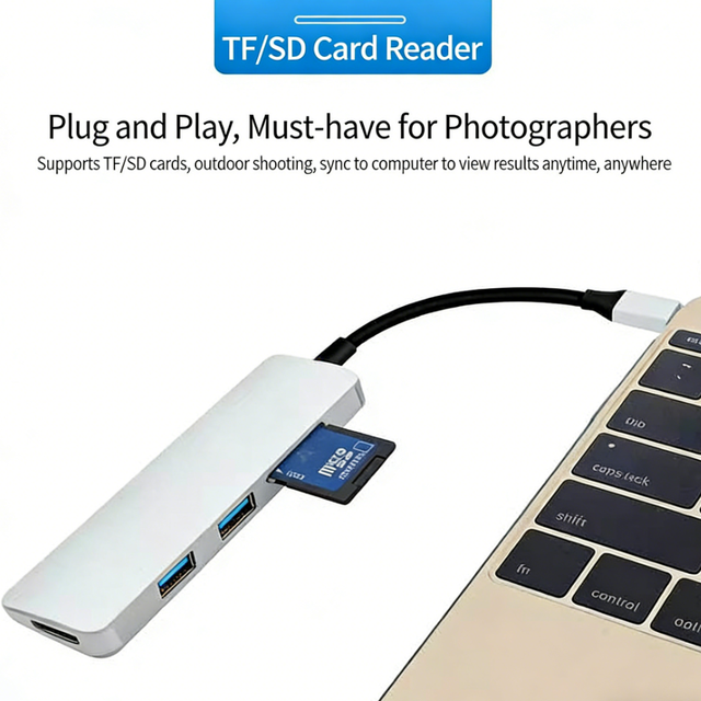 In Stock 5-Port USB 3.0 Aluminum Alloy Hub with SD/Micro SD/TF Card Reader Type-C for Dash Camera & Tablet Android Gadgets