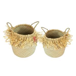 Panier de rangement pliable en jonc de mer avec pompon et deux poignées Tendance du Vietnam - Product Image 1