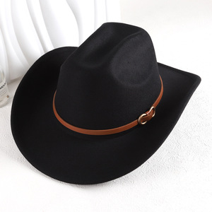 Fedora Hat Wide Brim Black Wool Blend Solid Color M56-58cm Stylish Commute Cowboy Hat - Product Image 1