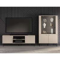 Vente en gros Chêne clair Centre de divertissement Media Console Table Bois Porte cannelée Meuble TV Meuble Tv pour meubles de salon