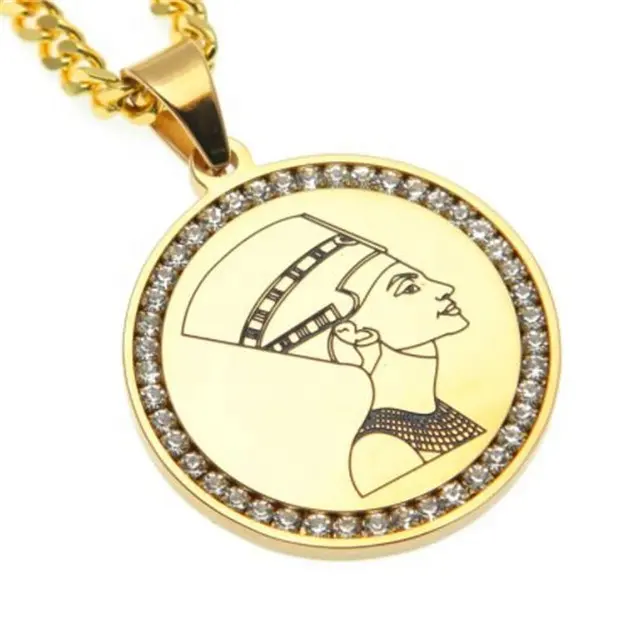 Yiwu Aceon Stainless Steel Stone Paved Around Edge Disc Center DIY Laser Engrave Nefertiti Queen of Egypt Dog Tag