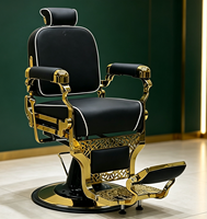 Fauteuil de Barbier Luxe Doré à Cadre Creux Sculpté, en Cuir, Hydraulique, Inclinable, avec Repose-Pieds Réglable pour Salon de Coiffure