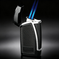 Briquet à cigares coupe-vent en alliage de zinc avec poinçon à cigares pliable intégré, rechargeable au butane, double flamme bleue, accessoires pour cigares
