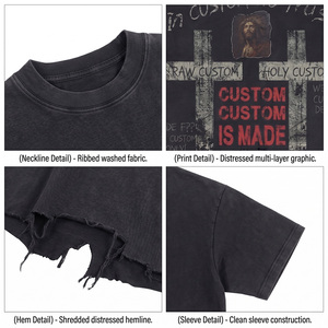 <span class=keywords><strong>T</strong></span>-shirt Vintage in Cotone da Uomo 300gsm, Maglietta <span class=keywords><strong>Nera</strong></span> con Grafica Croce Sacra Effetto Sbiadito, Stile Distressed, Girocollo, Streetwear - Product Image 3