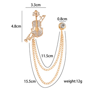 Broche en forme de violon plaquée or avec chaîne en strass de cristal pour homme, décoration de costume, bijoux de fête - Product Image 2