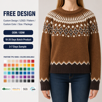 Maßgefertigter Damen-Fair-Isle-Strickpullover mit Rundhalsausschnitt in Mittelbraun mit Cremefarbenem Jocke – OEM/ODM-Fertigung