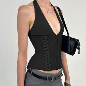 Top Halter Tendance Y2K pour Femmes - Dos Nu Col en V Coupe Ajustée Bretelles à Nouer Détail Zip Sexy Tank - Product Image 6