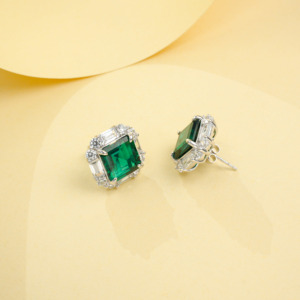 925 Sterling <b>Silver</b> Emerald Cut Lab Created Emerald Halo <b>Stud</b> Earrings - Product Image 5