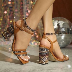 Women's New Retro Braided Style Square-toed, Thick-heeled <b>Sandals</b> and Fashionable Brown High Heels - Product Image 2