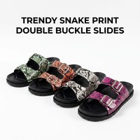 Sandales plates pour femmes à double boucle, motif peau de serpent python, chaussures de plage d'été, vente en gros, usine OEM ODM D1