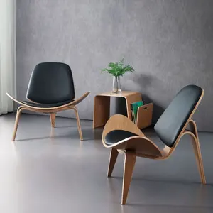 İskandinav Modern üç bacaklı Cafe kontrplak ceviz kabuk deri boş sandalye otel mobilyaları ahşap şezlong