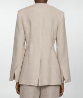 Pakaian Linen Wanita Longgar Warna Khaki Lengan Panjang Tanpa Kancing Cardigan Oversize Dengan Saku Blazer Linen Tanpa Kerah
