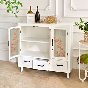 Armoire de rangement moderne de style ferme en bois blanc faite à la main ART NEST avec 3 tiroirs et portes en verre pour le salon et la salle à manger - Product Image 2