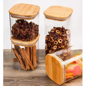 39Years Factory Square Glass Candle Jar With Bamboo Lid High Borosilicate Glass Canister 700ml,1200ml,1600ml,2000ml