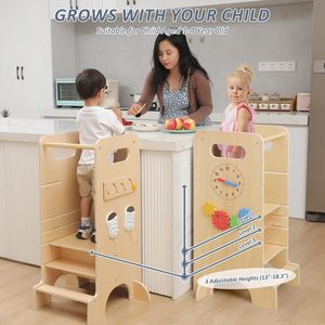 Modern 4-in-1 Wooden Kitchen <b>Stool</b> Early Educational Aide Wooden <b>Height</b> <b>Adjustable</b> Standing Tower for Toddler Boys Girls Kids - Product Image 2