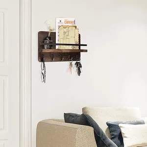 Mail and Key Holder Organizer Wall Mounted Wood Hanging Mail Sorter with 5 Key Hooks