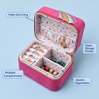 Boîte à bijoux zippée en velours rose vif avec broderie étoile, rouleaux à bagues et intérieur à pois, étui cadeau de voyage pour jeune fille