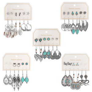 Boucles d'oreilles pendantes tendance en turquoise et alliage d'argent tibétain pour femme, style bohème, ensemble de bijoux de fête - Product Image 5