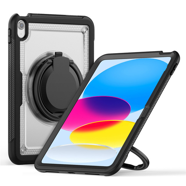 For iPad 10th Gen 10.9 Inch 2022 Clear Honeycomb Hybrid Shockproof Tablet Case with 360 Rotatable Hands Grip Strap Kickstand