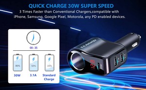 Hot bán 3 trong 1 xách tay với màn hình LED <span class=keywords><strong>2</strong></span> <span class=keywords><strong>USB</strong></span>-A + 1 <span class=keywords><strong>USB</strong></span>-C sạc nhanh Car Charger Thuốc lá nhẹ hơn ổ cắm - Product Image 5