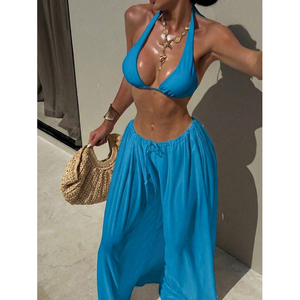 Nouveau maillot de bain trois pièces uni pour la plage, décontracté, pour les vacances, avec jupe transparente - Product Image 3