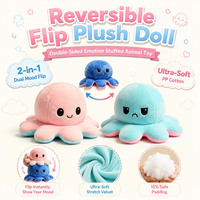 Peluche pieuvre double face à visages interchangeables, design réversible, super douce, en coton PP, vente en gros