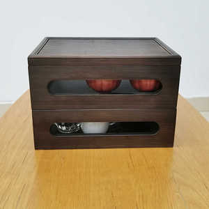 Caja de almacenamiento para juego de té de estilo chino, organizador de escritorio apilable de doble capa de bambú para gabinete de almacenamiento de tazas de té - Product Image 1