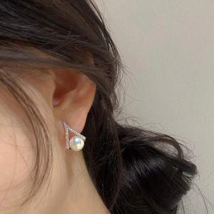 S925 Silver DIY Pearl Accessories Fashionable 8-10mm Round Beads 21412 <b>Concealer</b> Earrings with Empty Holder - Product Image 4