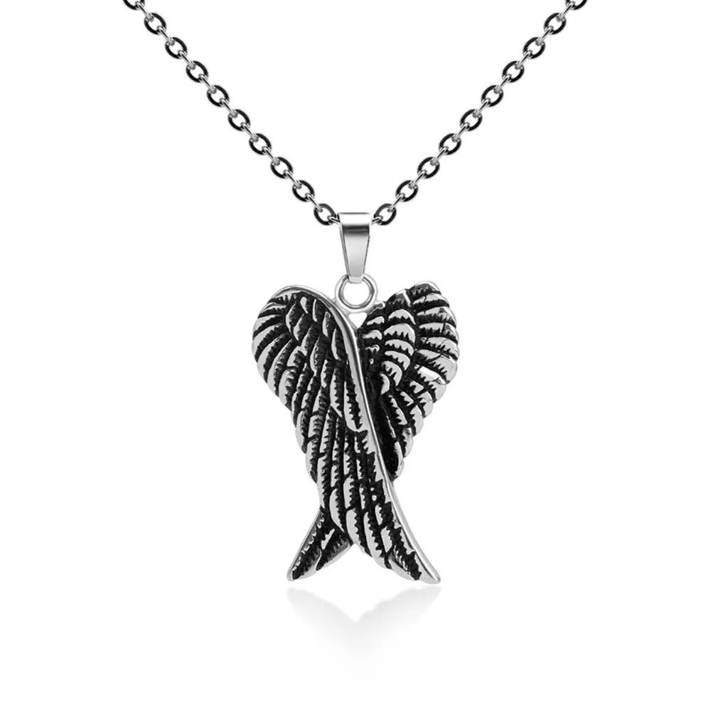 Fashion Costume Trendy 316L Stainless Steel Jewelry Steel Color Angel Wings Necklace For Men Women