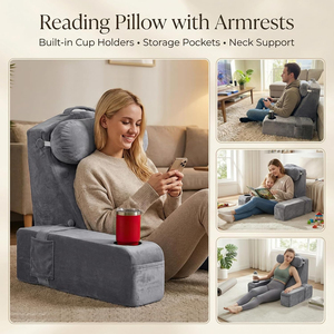Coussin de lecture <span class=keywords><strong>pour</strong></span> s'asseoir au <span class=keywords><strong>lit</strong></span>, coussin ergonomique en forme de cale, poches latérales XL, housse amovible, support <span class=keywords><strong>pour</strong></span> chaise <span class=keywords><strong>pour</strong></span> regarder la télévision, jouer à des jeux - Product Image 4
