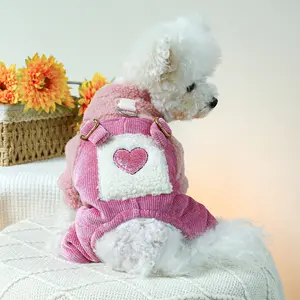 JXANRY Dog Cat Autumn And Winter New Clothes Cute Pet Plus Fleece Thickened Four-legged Clothes Dog Pink Love Cotton Overalls