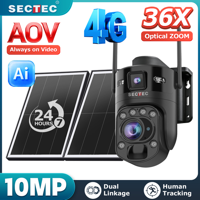 36X Zoom 10MP Dual Lens 24/7 Full Time Recording AOV 4G Solar Camera PIR Motion Detect AI Camera GSM IP66 New Gen Network Camera