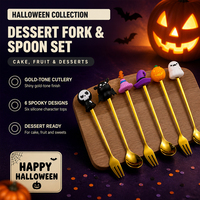 Coffret Cadeau de Luxe 6 Pièces – Ensemble de Couverts en Acier Inoxydable Doré avec Manche Citrouille Fantôme pour Décoration d'Halloween – Lot de Cuillères et Fourchettes