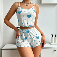 Ensemble pyjama côtelé confortable pour femme avec débardeur imprimé cœurs et short à nœud, cadeau de fête et cadeau de fête des Mères pour maman, vêtements de nuit