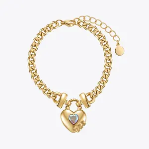 14K Gold Plated Stainless Steel Jewelry Thick Chain Heart Lock Pendant Accessories Bracelets B222277