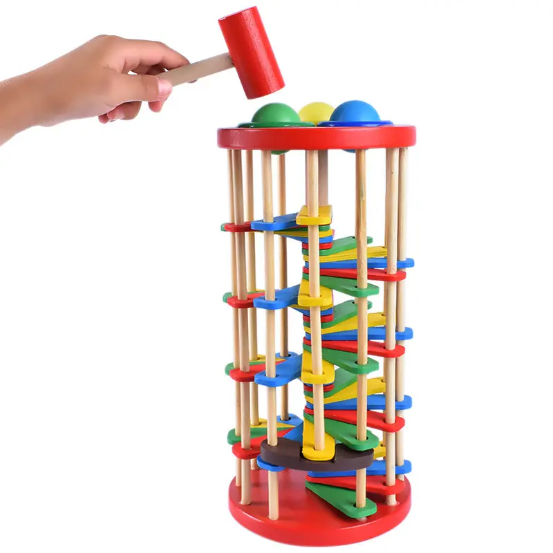 बच्चों के लिए लकड़ी की गेंद और हथौड़ा मैलेट पंपिंग खेल शैक्षिक टॉवर रोलिंग गतिविधि बच्चों के लिए उपहार खिलौने