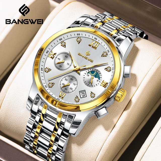 For BW8862 Antique Alloy Roman Numerals Stainless Steel Men's Chronograph Luminous Diamond Luxury Analog Quartz Watch Cartoon