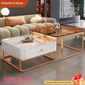Mesa de Centro de Vidrio con Marco de Madera y Tapa de Mármol Cuadrada, Estilo Moderno Minimalista de Lujo Ligero, Mueble para TV, Diseño Italiano para <span class=keywords><strong>Apartamentos</strong></span> Pequeños - Product Image 2