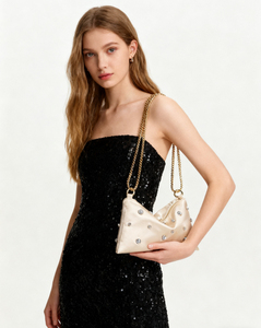 Pochette de luxe Bell, grande, en satin, ornée de perles et de strass, chaîne minimaliste, pour soirée, mariage, sac bandoulière motif carré, marque 5A - Product Image 6