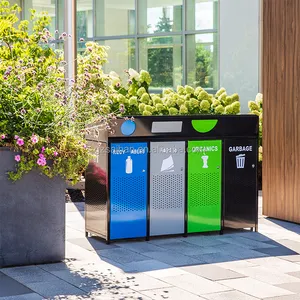 Commercial Outdoor Garbage Containers Metal Trash Bin Station Waste Bins With Rolling Cover