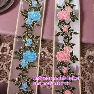 Thời trang nhiều màu polyester-Thread Organza lưới với 3D hoa thêu ren sequin trang trí dưới ren