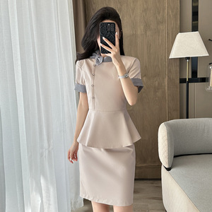 Women's Short Sleeve Suit Set Mandarin Collar Satin Summer Work Uniform Elegant Professional Attire For Beauty Salon Jewelry - Product Image 2