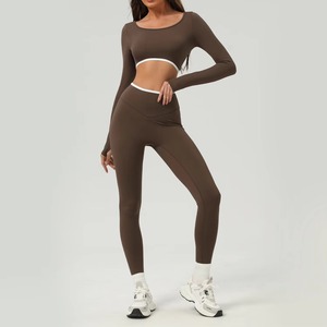 Ensemble de yoga 2 pièces personnalisé avec logo pour femme, grande taille, en Spandex/Nylon, anti-transpiration, durable, pour fitness et gym, taille élastique - Product Image 3