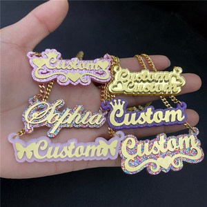 Colorful Kids Jewelry Acrylic Nameplate Personalized Necklace Cuban Chain Double Plate Custom Name Necklaces