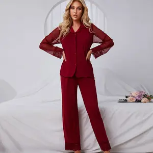 Auf Lager Freizeit kleidung Seide Lounge wear Damen Soft Casual Langarm Satin Spitze Sexy Pyjamas Sets Großhandel