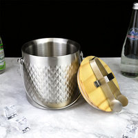 Seau à glace isotherme à motif diamant 1,4 L 2 L 3 L, double paroi en acier inoxydable, avec poignée de transport, couvercle en bois et pince