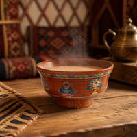 Bol en bois massif sans cadre en bois de jujube naturel de haute qualité, avec motifs ethniques colorés, idéal pour le thé au lait, la soupe au ghee et le vin.